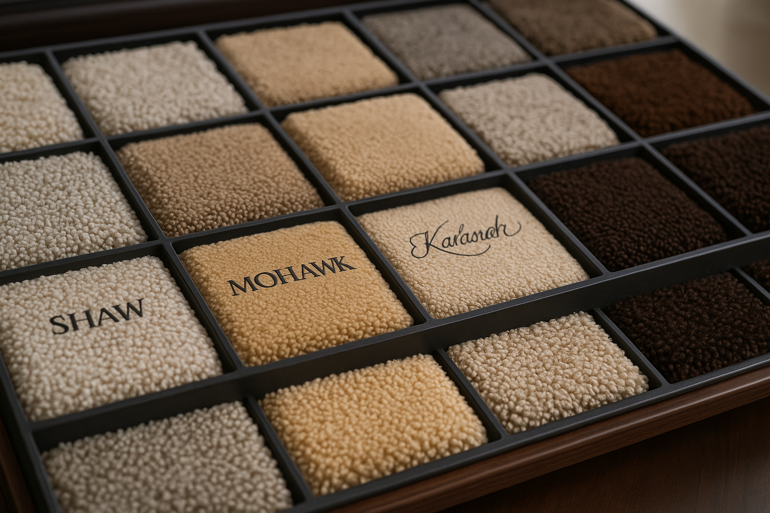 Carpet brand samples from Shaw, Mohawk, and Karastan displayed side by side under natural light