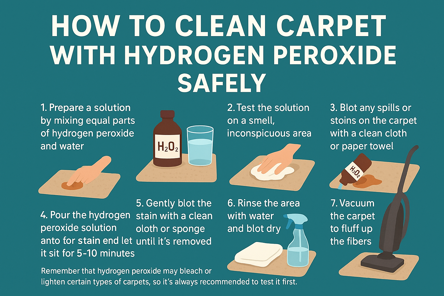 Person cleaning beige carpet with hydrogen peroxide spray and white towel, showing safe home carpet stain removal method