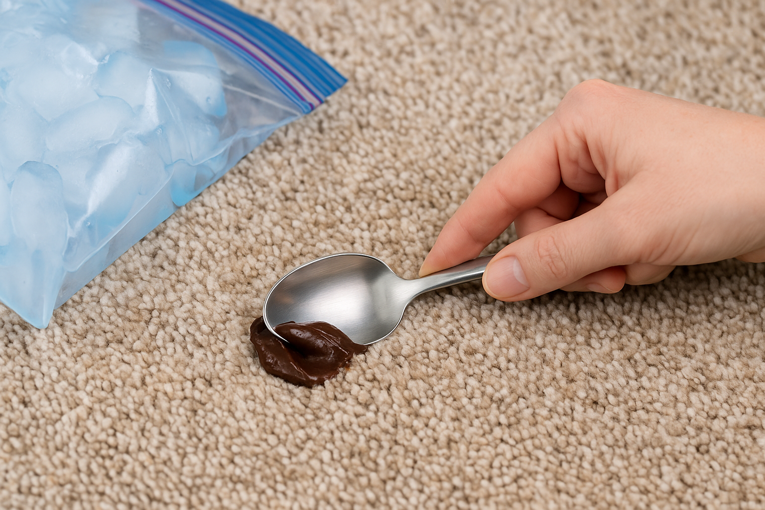 Hand scraping chilled chocolate from carpet with spoon before blotting