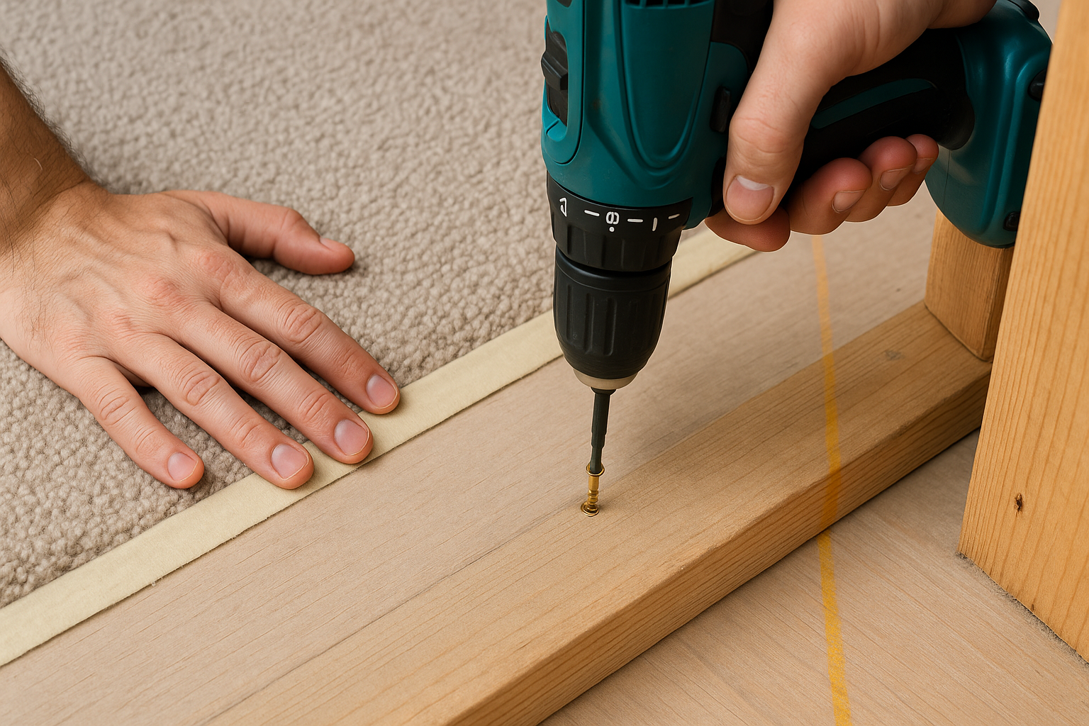 Person using drill to fix squeaky floor through carpet near joist