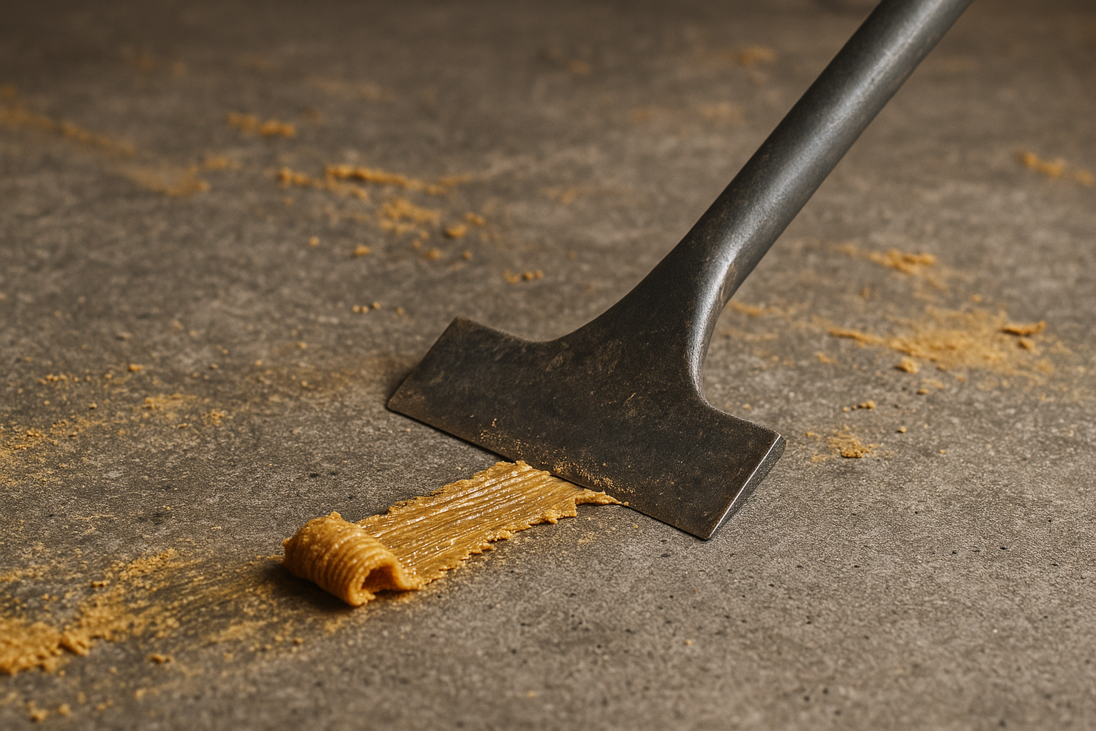 Floor scraper lifting carpet adhesive from concrete during glue removal