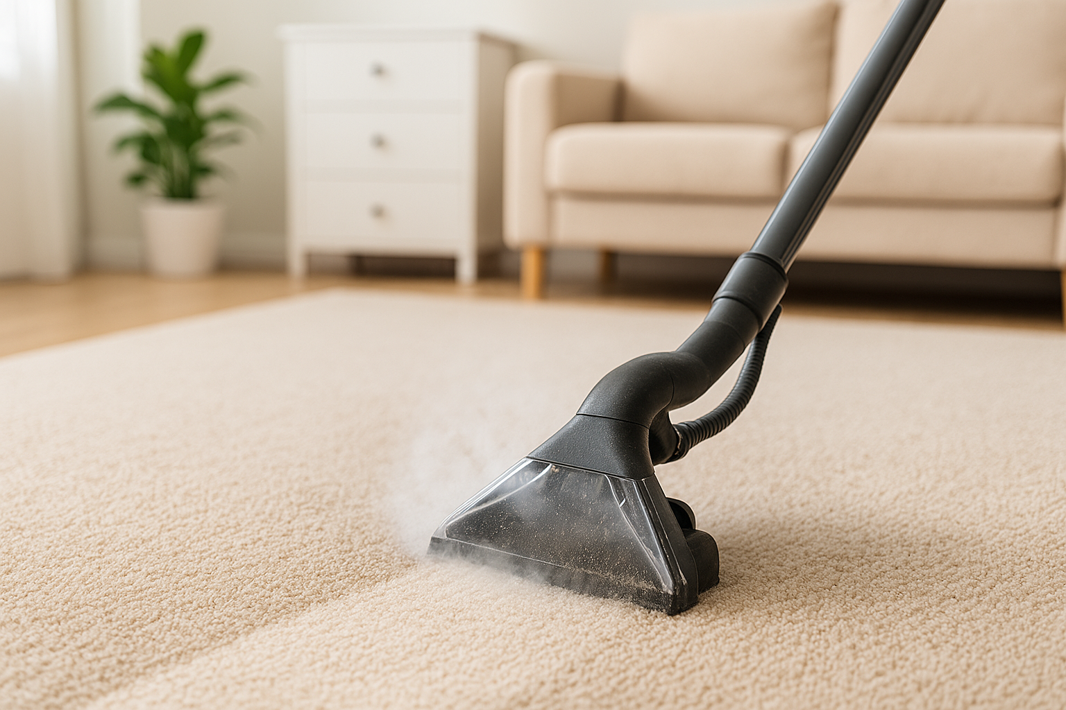 Professional cleaning machine and steam removing dirt from beige carpet in a bright home interior