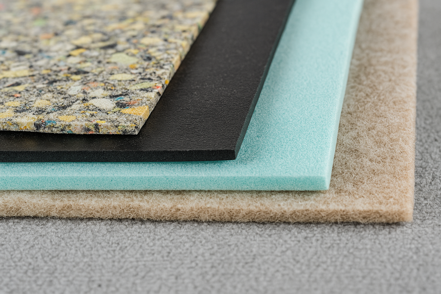 Close-up of different carpet padding materials in stacked layers showing foam, rubber, and felt textures
