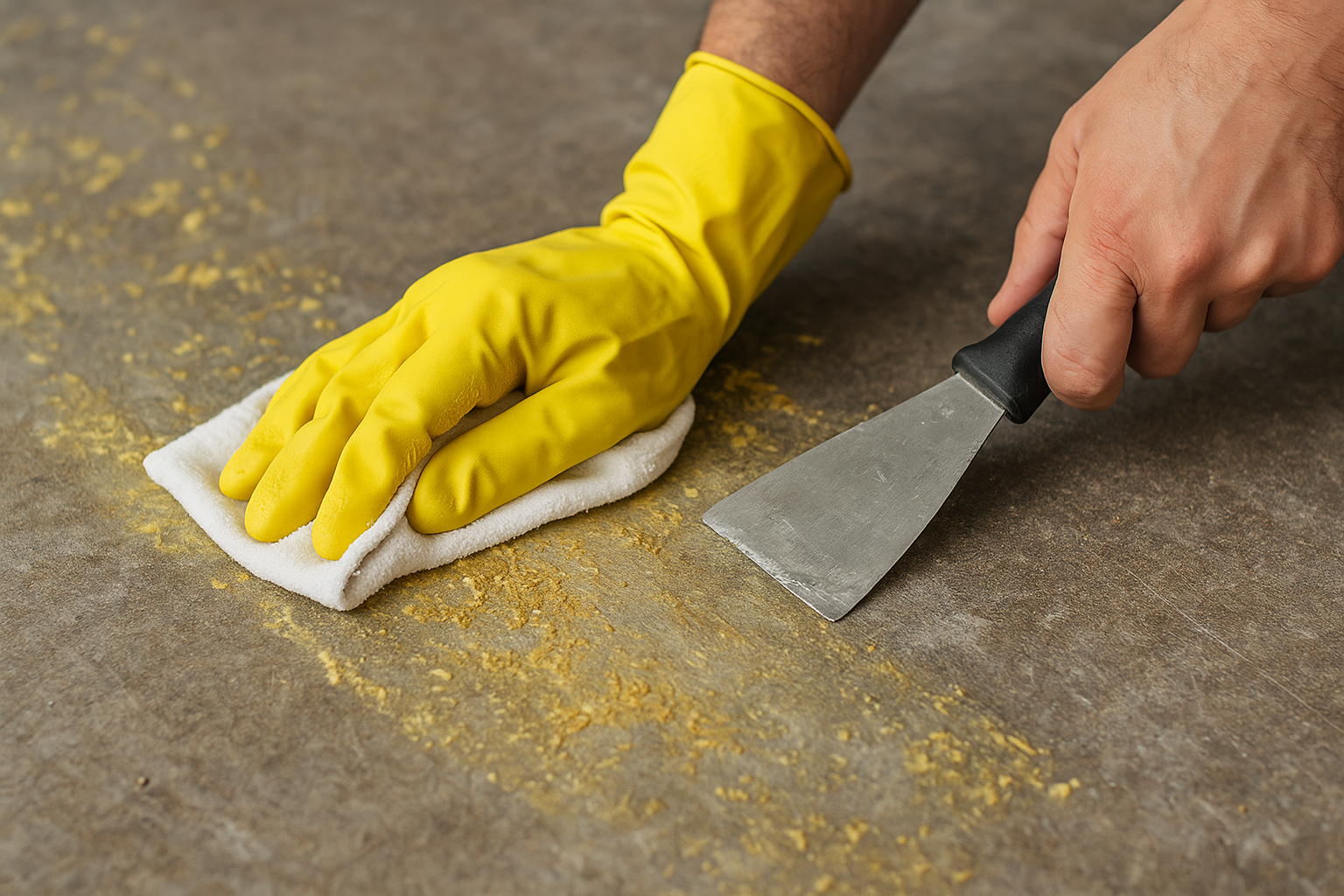 Close-up of a person cleaning sticky carpet padding residue from a floor with a scraper and cloth